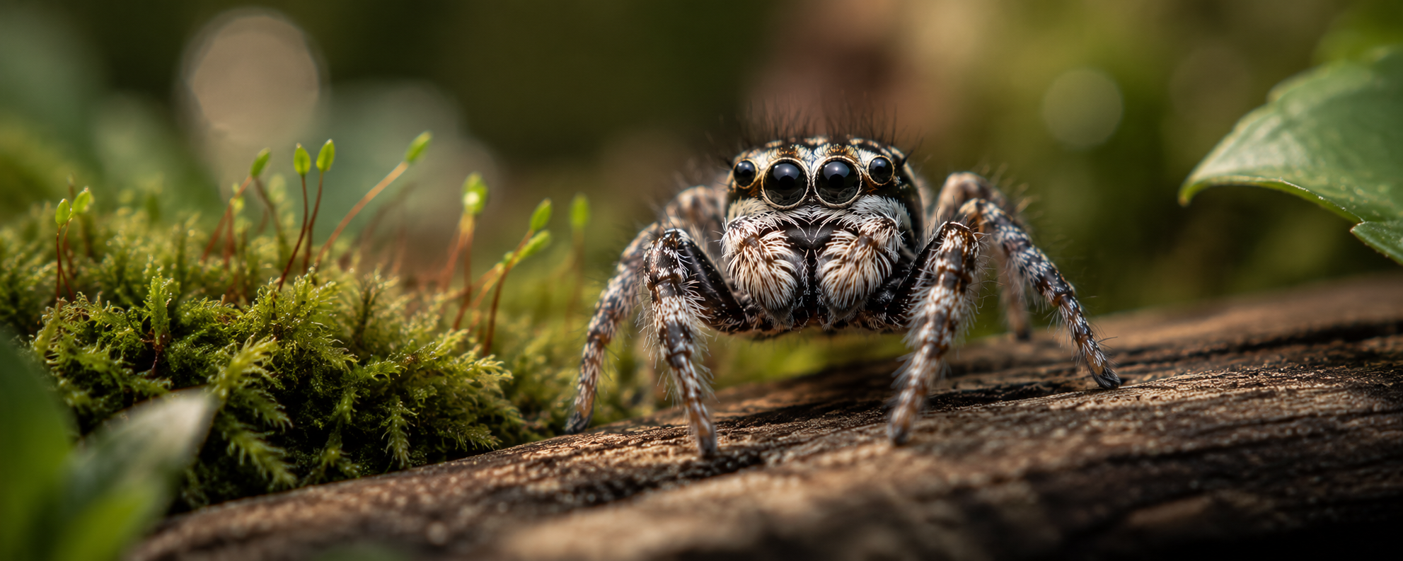 Springspinne aus der Nähe auf Moos und Holz