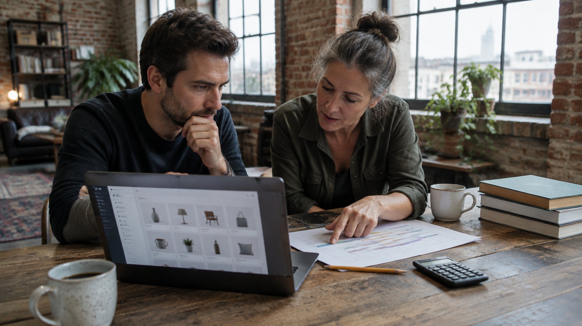 Shop-Inhaberin und Freelancer sitzen in einem Berliner Loft am Laptop mit Shop-Oberfläche, sie zeigt auf einen ausgedruckten Projektplan, daneben liegt ein Taschenrechner