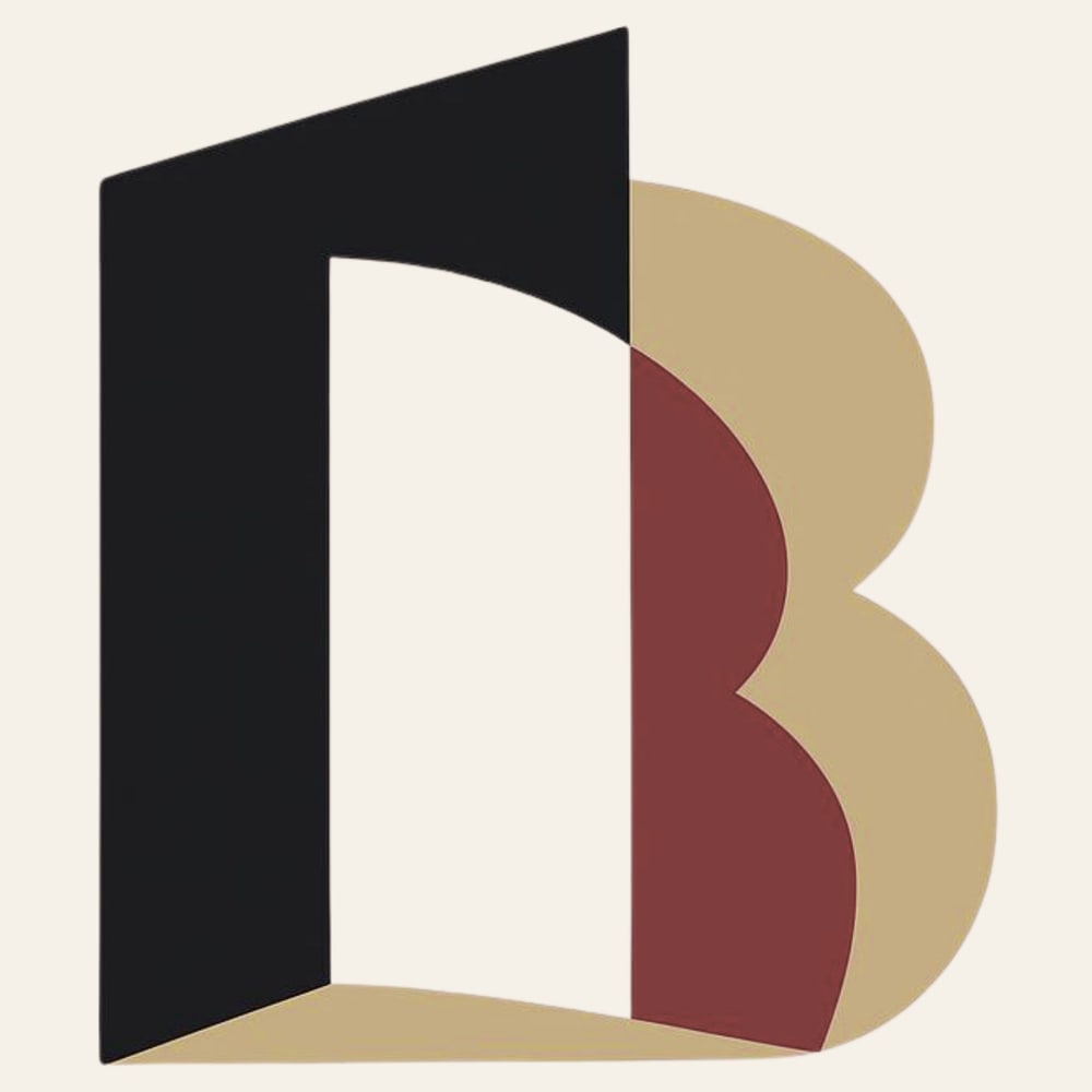 Abstrakte Grafik mit schwarzen, roten und beigen geometrischen Formen, die ein stilisiertes B bilden.