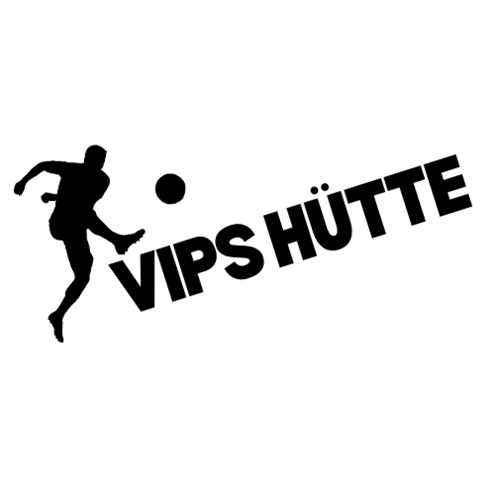 Schwarze Silhouette eines Fußballspielers, der einen Fußball tritt, und der Text "VIPSHÜTTE".