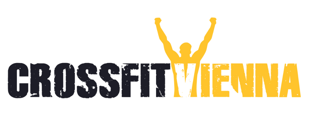 Logo von CrossFit Vienna mit gelber Silhouette eines Athleten mit erhobenen Armen auf schwarzem Hintergrund.
