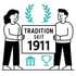 Zwei Personen halten ein Schild mit der Aufschrift „TRADITION SEIT 1911“, darüber Lorbeerkränze, darunter ein Gebäude und ein Pokal.