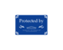 Blaues Schild mit weißem Text "Protected by" und dekorativen Schnörkeln.
