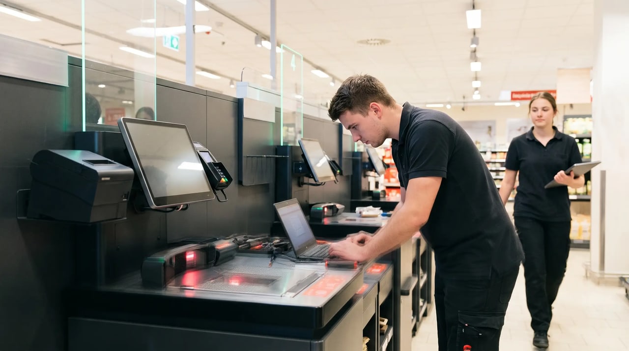 Zwei Servicetechniker an einer Reihe von Kassensystemen im Markt