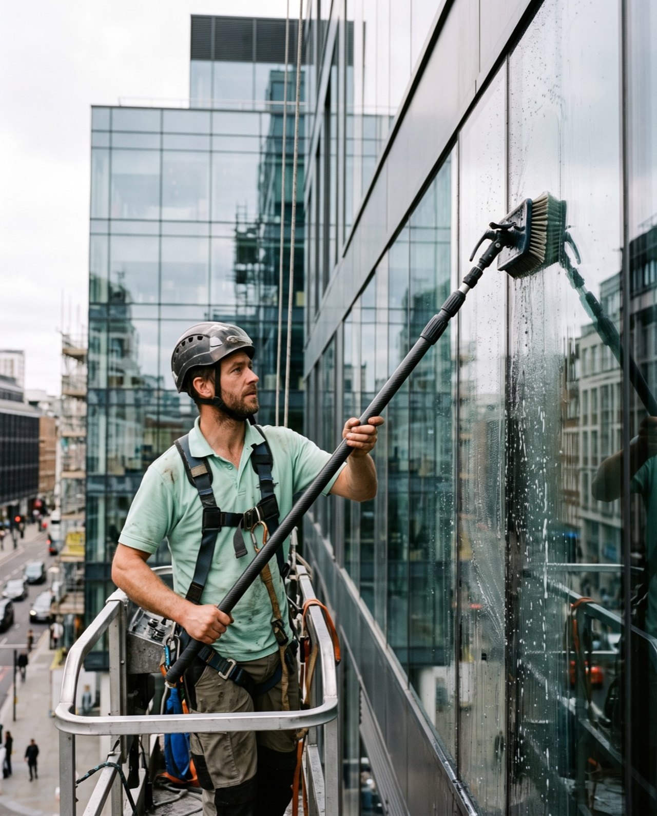 Glasreiniger mit Teleskopstange und Sicherheitsgeschirr an einer Glasfassade