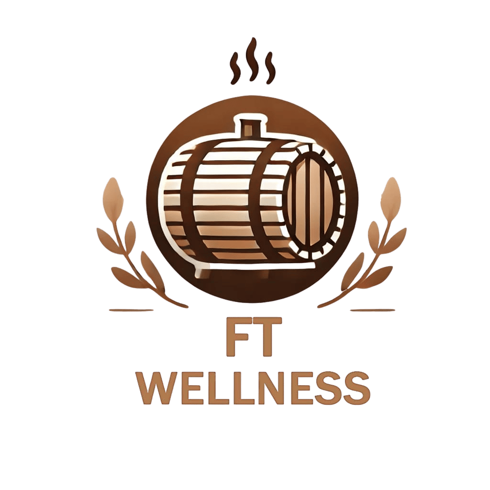 Logo FT Wellness. Eine Fasssauna mit einem Lorbeerkranz.