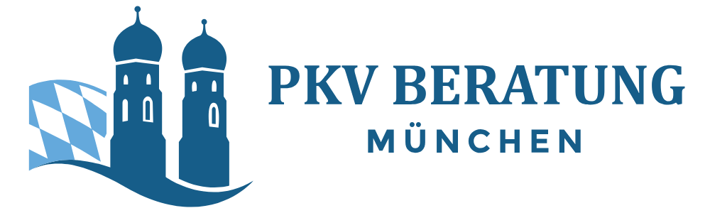 Blaue Silhouette der Frauenkirche mit bayerischer Flagge und Text "PKV BERATUNG MÜNCHEN".