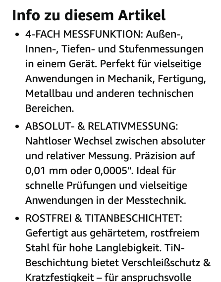 Amazon „Info zu diesem Artikel“ mit den Bullet Points des MIB Digital-Messschiebers