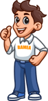 Cartoonfigur eines lächelnden jungen Mannes mit braunen Haaren, der ein weißes Polohemd mit „BAMEA“ und blaue Jeans trägt.