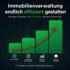Grünes Balkendiagramm mit rotem Aufwärtspfeil und Text zur effizienten Immobilienverwaltung durch Prozessoptimierung.