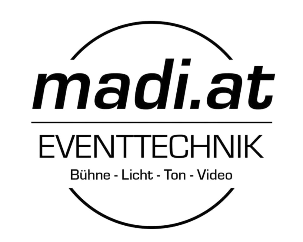 Schwarzes Logo mit Text "madi.at EVENTTECHNIK Bühne - Licht - Ton - Video" in einem Kreis.