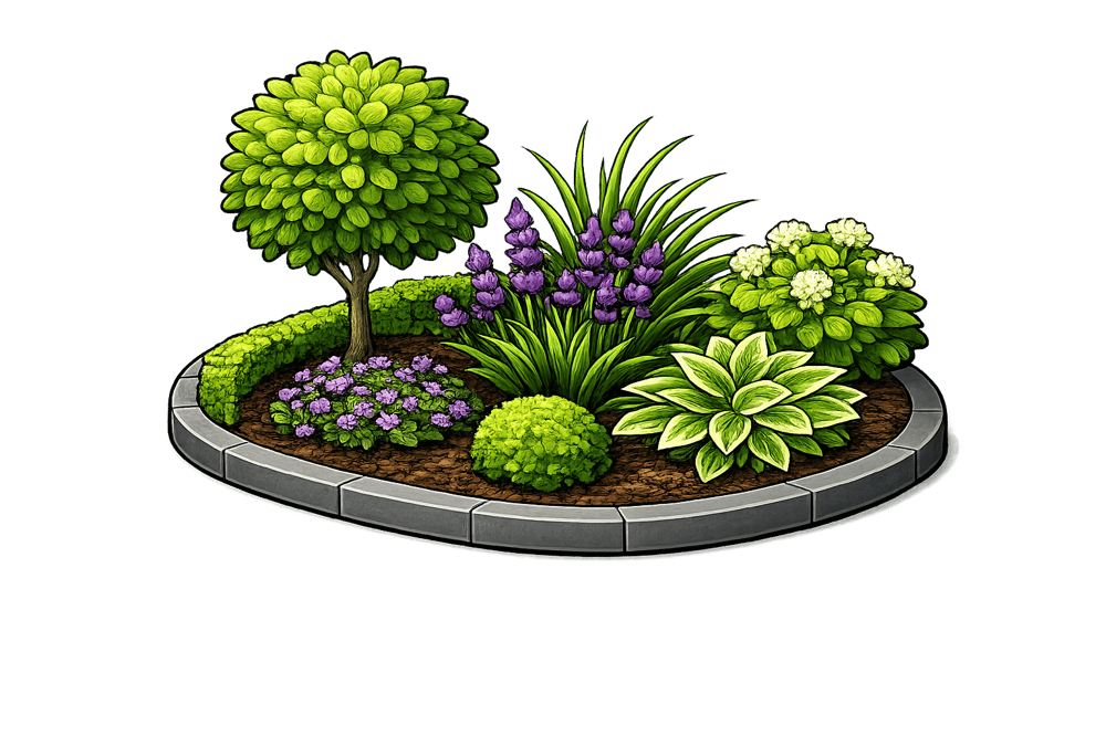Rundes Gartenbeet mit kleinem Baum, Lavendel und weißen Blüten