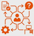 Zentrale Person umgeben von Symbolen für Dokument, Frage, Computer und Zahnrad, verbunden durch Pfeile.