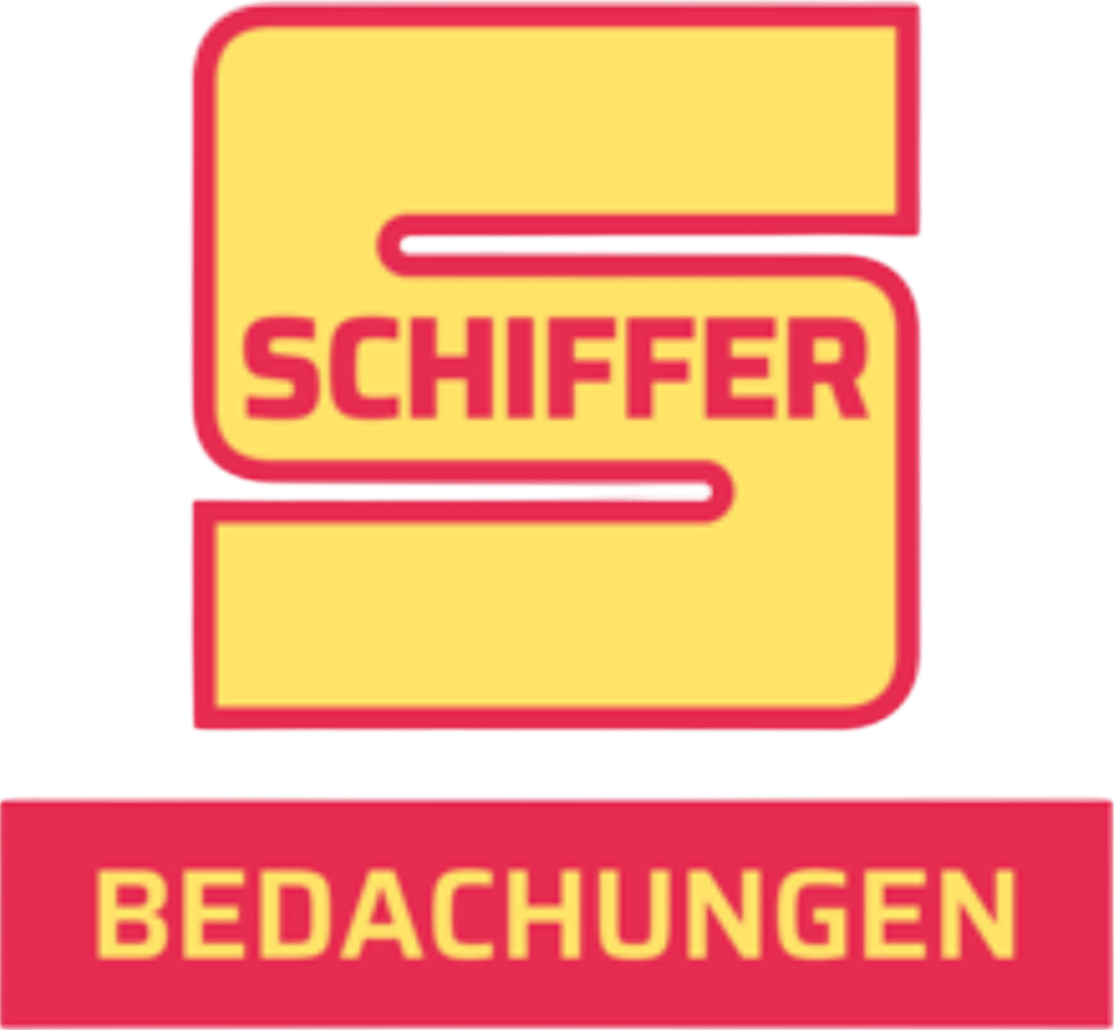 Gelbes, verschlungenes "S"-Logo mit rotem Rand, darin "SCHIFFER", darunter roter Balken mit "BEDACHUNGEN".