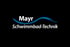 Logo von Mayr Schwimmbad-Technik mit weißer Schrift und einer blauen Wellenlinie auf schwarzem Hintergrund.