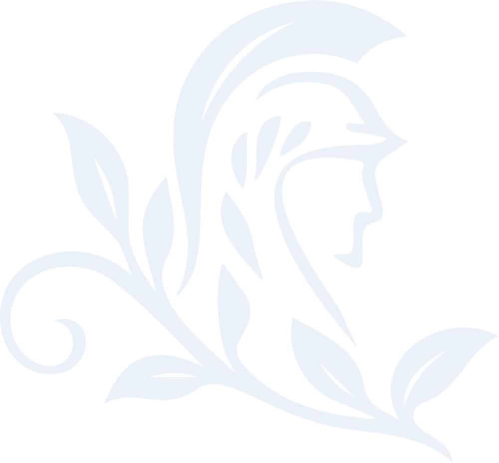 Weißes Profil eines Gesichts mit Helm und Blättern auf dunkelgrünem Hintergrund.