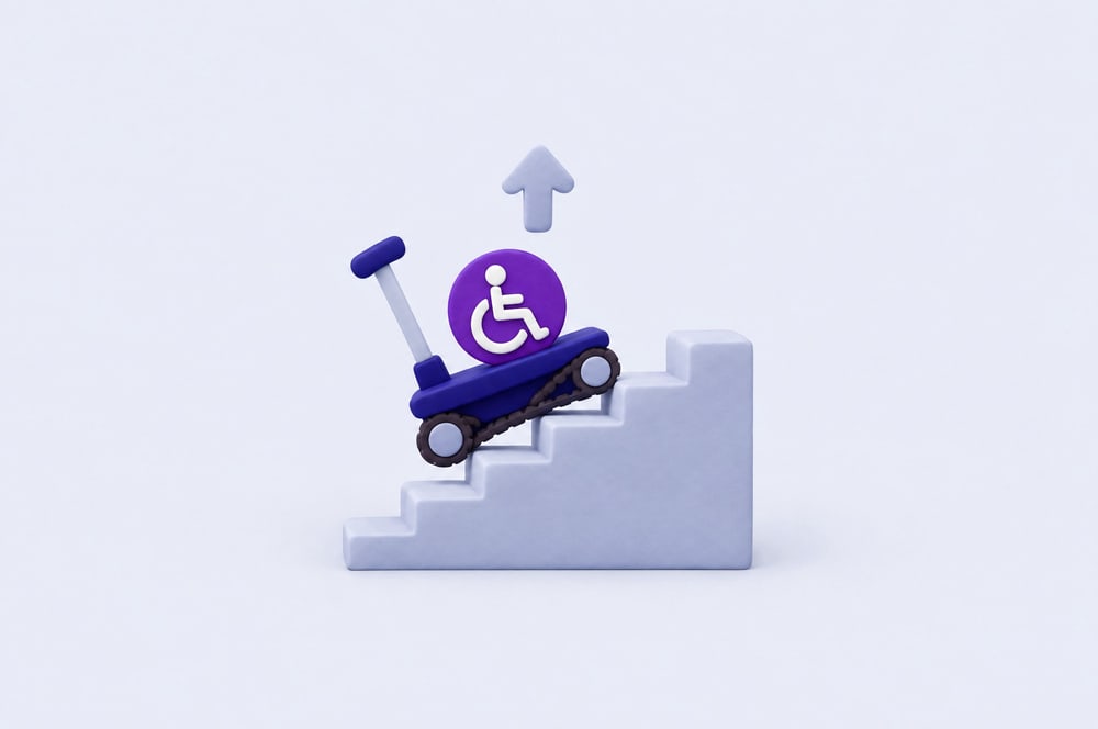 Illustration: Treppenraupe mit Rollstuhl-Symbol auf einer kurzen Treppe und Pfeil nach oben