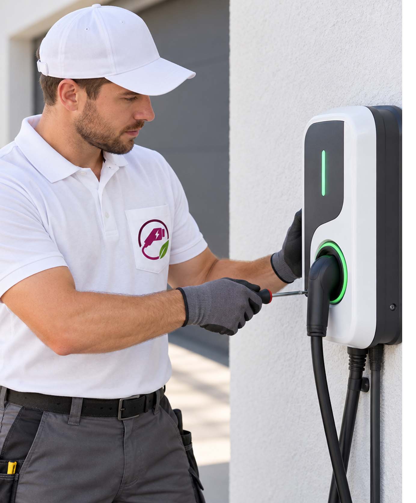 A wall-mounted Level 2 EV charger with its cable holstered on a residential garage wall