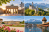 Alemán con Margarita. Brandenburger Tor, Schloss Neuschwanstein, Schloss Schönbrunn und die Kapellbrücke in Luzern als Collage bekannter Wahrzeichen.