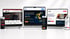 Drei Laptops und drei Smartphones präsentieren verschiedene responsive Webdesign-Layouts auf hellem Hintergrund.