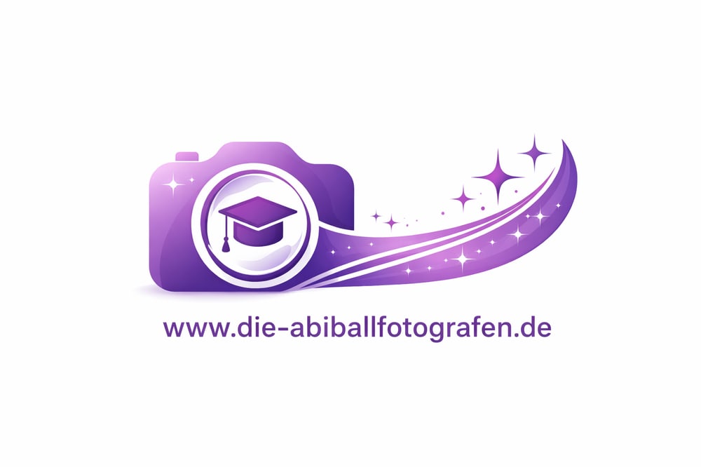 Lila Kamera-Logo mit Doktorhut und glitzerndem Schweif, darunter "www.die-abiballfotografen.de".
