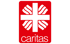 Rotes Caritas-Logo mit weißem Kreuz und vier geschwungenen Armen, darunter der weiße Schriftzug "caritas".