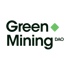 Grünes Mining DAO Logo mit einem grünen Diamanten neben "Green" auf dunkelgrünem Hintergrund.