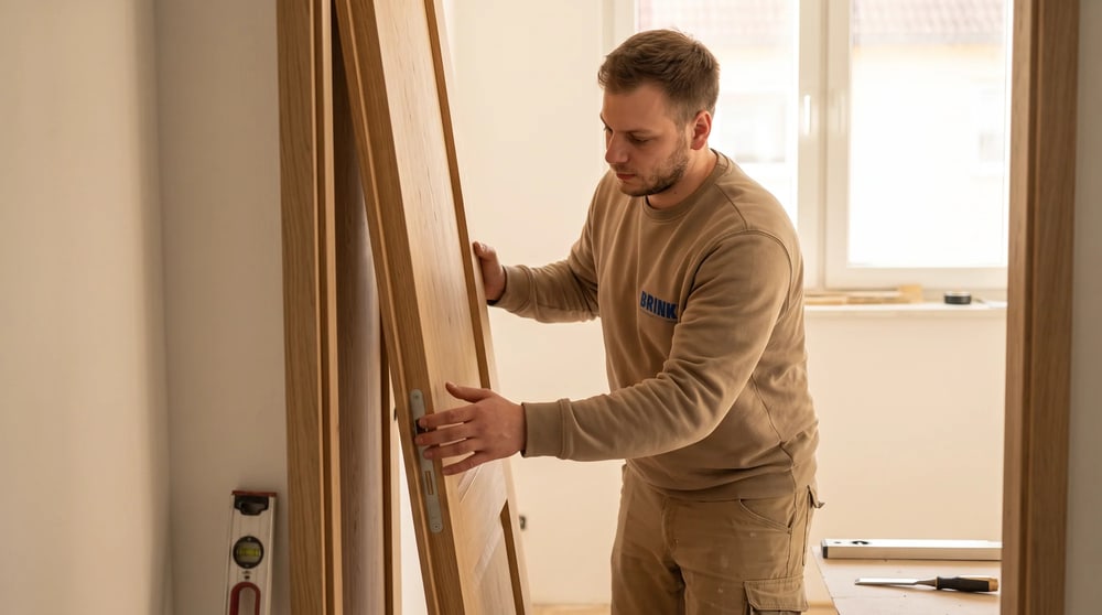 Wohnungstür in einem hellen Treppenhaus
