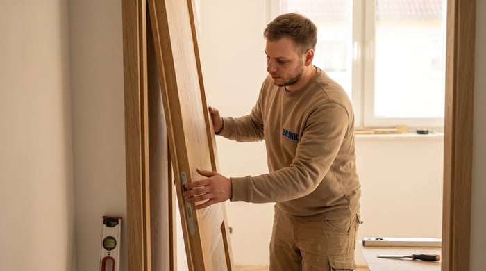 Wohnungstür in einem hellen Treppenhaus