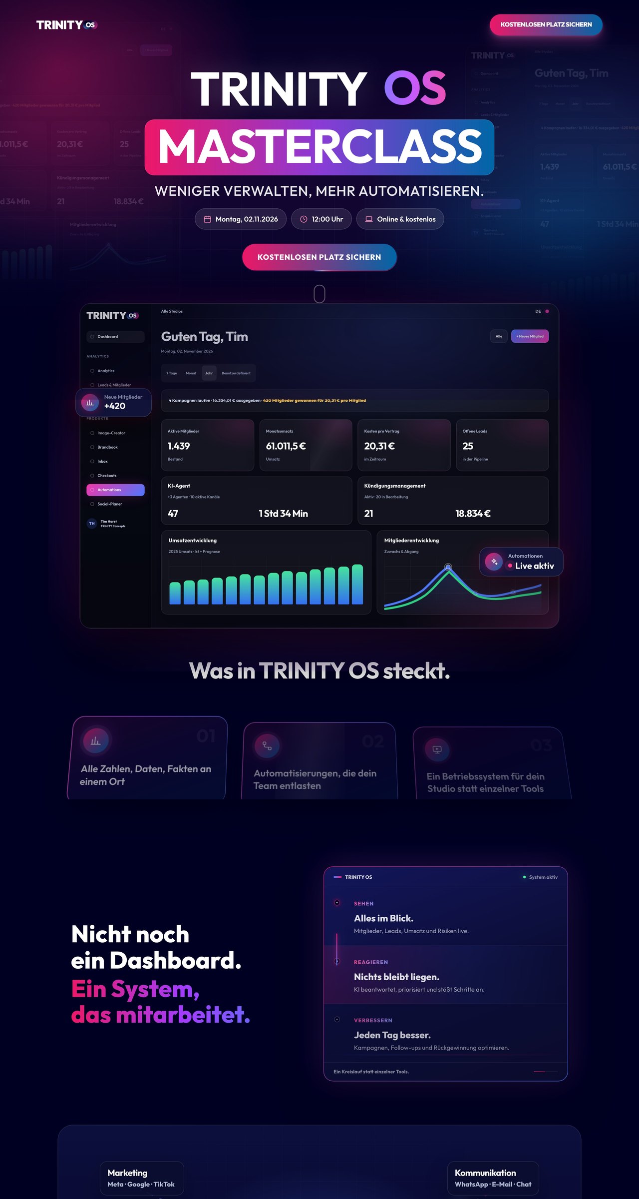 TRINITY OS Masterclass website, first three screens