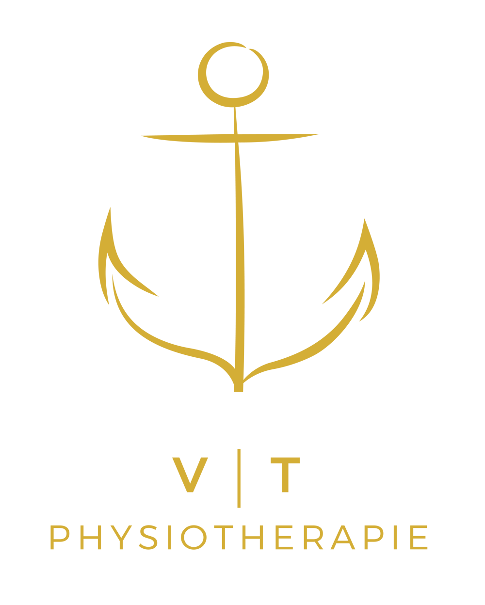 Goldener Anker über den Buchstaben „VT“ und dem Wort „PHYSIOTHERAPIE“ auf grünem Hintergrund.