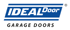 IDEAL Door Garage Doors logo in white on a blue banner with "GARAGE DOORS" below.
