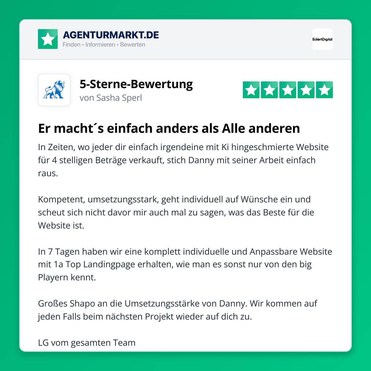 Bewertung von Sasha Sperl – 5 Sterne auf Agenturmarkt.de