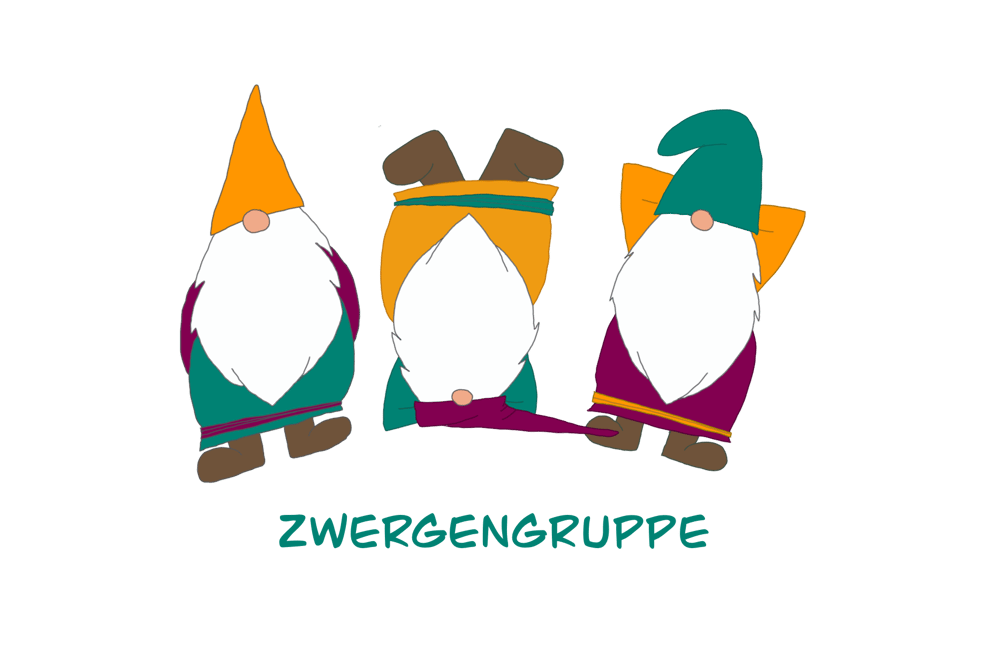 Drei Zwerge mit bunten Mützen und Bärten, darunter der Text "ZWERGENGRUPPE" auf grünem Hintergrund.