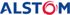 Blauer Alstom-Schriftzug, wobei das "O" rot ist und wie ein Wirbel oder eine Spirale geformt ist.