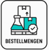 Drei Pakete, ein Messkolben mit Flüssigkeit und ein Häkchen auf einem Siegel, darunter "BESTELLMENGEN"