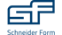 Schneider Form Logo: Blaue Buchstaben "SF" in einem stilisierten Quadrat über "Schneider Form".