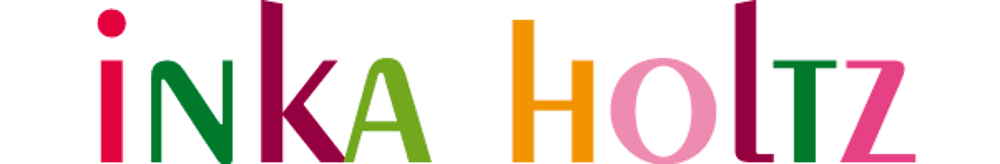 Das Wort "inka holz" ist in bunten Großbuchstaben auf dunkelgrünem Hintergrund geschrieben.