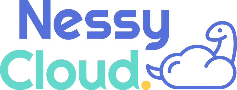 Nessy Cloud Logo mit blauem Text und einem blauen Wolkensymbol, das einen Nessie-Dinosaurier darstellt.