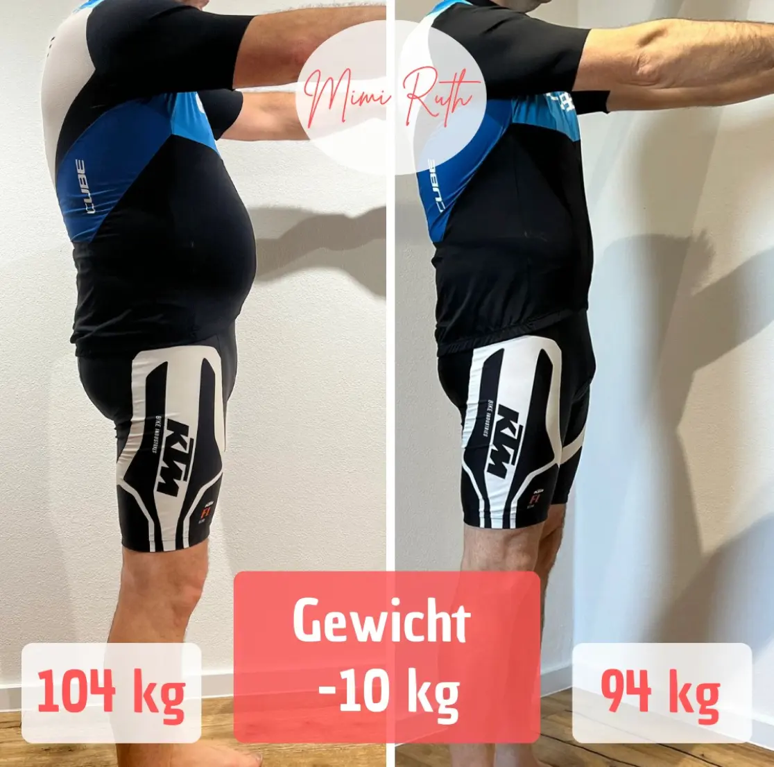Mann im Fahrradanzug, vor und nach 10 kg Gewichtsverlust, mit 104 kg, Gewicht -10 kg, 94 kg Text.