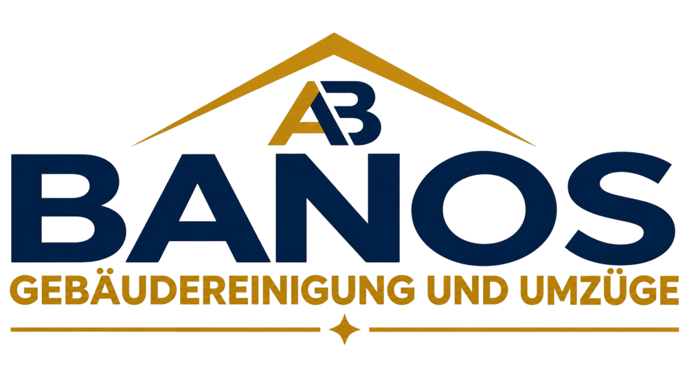 Logo for Banos Gebäudereinigung und Umzüge featuring a gold roof icon and blue and gold text.