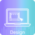 Laptop mit einer Bühnenstruktur und einem Mauspfeil auf dem Bildschirm, darunter das Wort "Design".