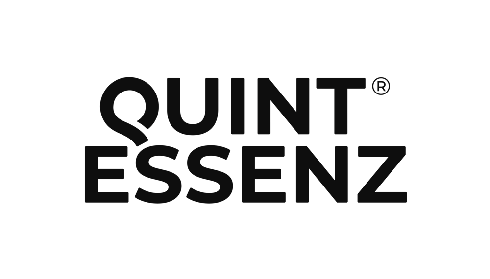 Schwarzes "QUINT ESSENZ" Logo auf dunkelgrünem Hintergrund.