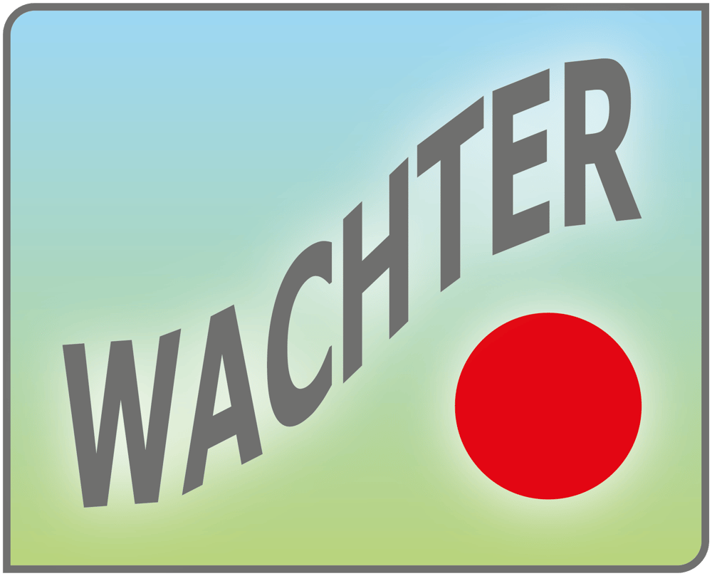 Logo von Wachter Maler und Parkett mit einem roten Punkt auf blau-grünem Hintergrund.