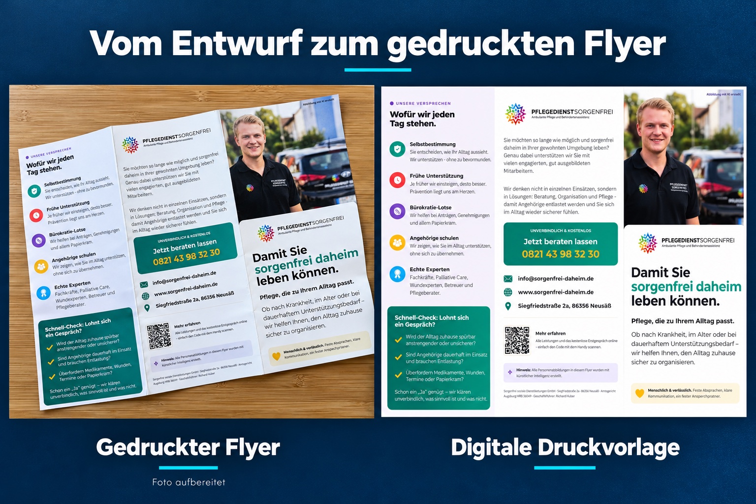 Sorgenfrei-Faltflyer im Vergleich: links der aufbereitete gedruckte Flyer auf einem Holztisch, rechts die digitale Gestaltung.