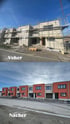 Vorher-nachher Ergebnis unserer Stuckateurarbeit eines Rohbaus von mehreren Doppelhaushälften mit modernem terrakotta-grauen Außenputz