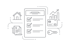 Checkliste mit Haus, Dokumenten, Kreditkarte, steigendem Diagramm und Schlüssel.