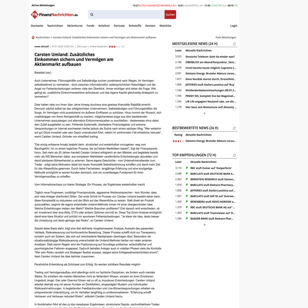 Screenshot des Artikels bei Finanznachrichten