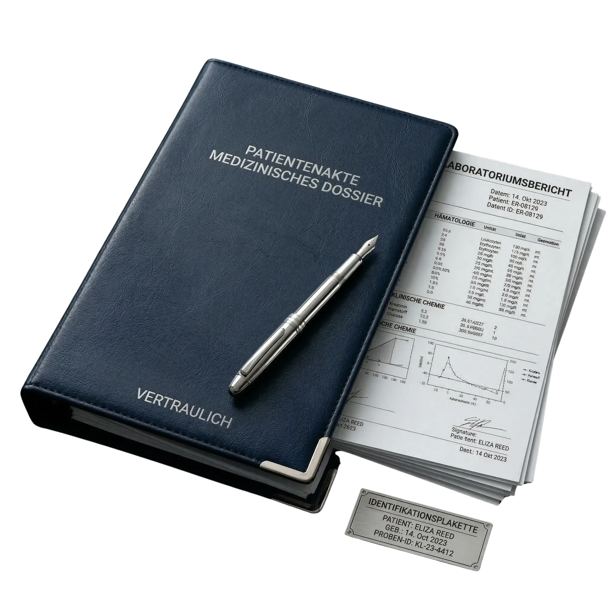 Exklusives Walhalla Stoffwechsel-Dossier mit Laborbericht und hochwertigem Stift auf dunklem Marmor