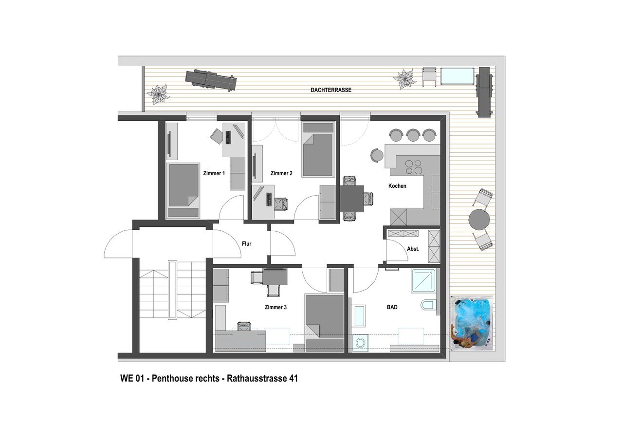 Grundriss Wohnung 1, WG-Aufteilung mit drei Zimmern, Rathausstraße 41 rechts